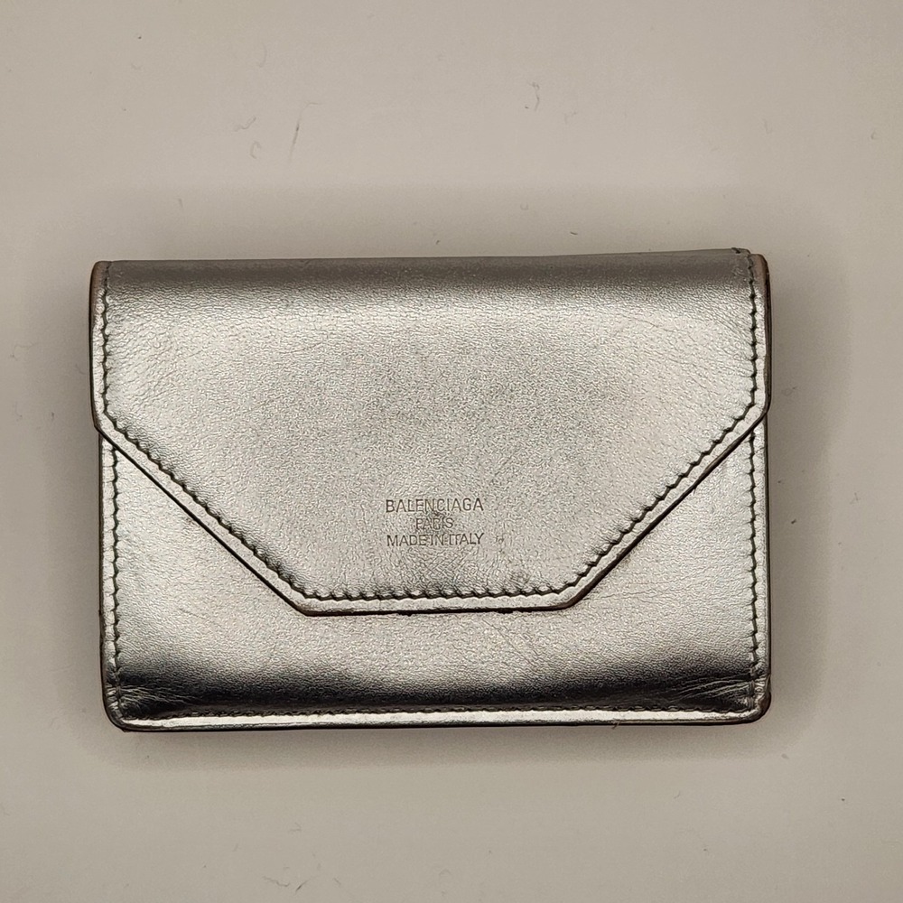 BALENCIAGA Papier Mini Wallet Silver Metallic Leather Trifold Envelope 391446